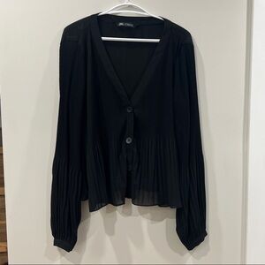 Zara Black Button-Up Pleated Blouse